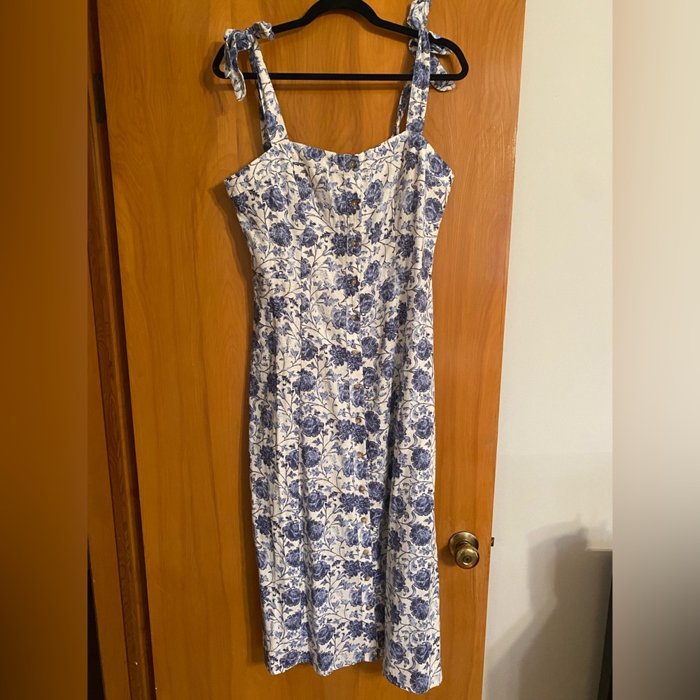 C&C California linen midi dress with button down and tie strap